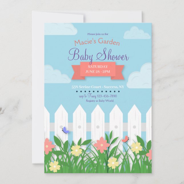 Invitación Baby Shower del Jardín de la valla blanca (Anverso)