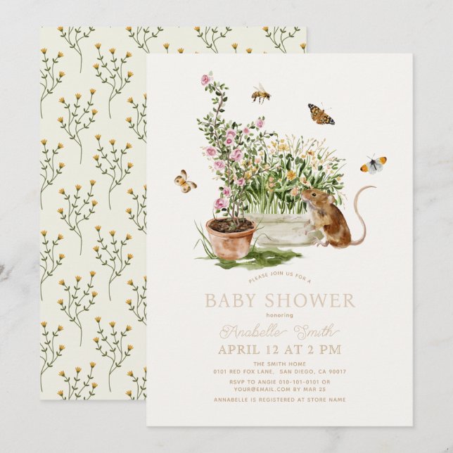 Invitación Baby Shower del jardín de mariposa del ratón (Anverso / Reverso)