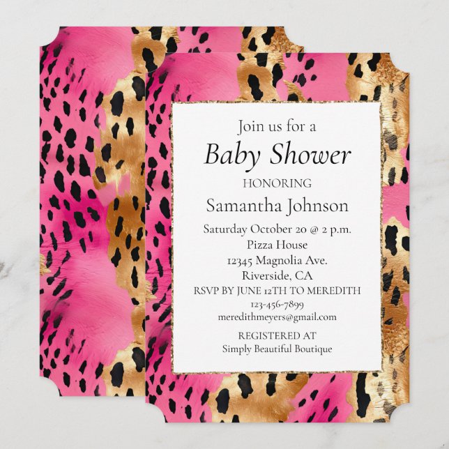 Invitación Baby Shower del Leopardo de oro del glam rosado Gi (Anverso / Reverso)