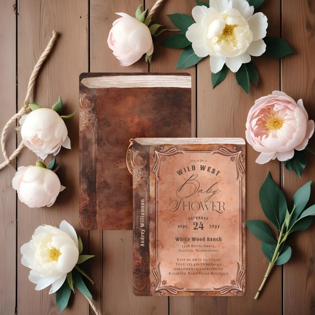 Invitación Baby Shower del libro de acuarela de cuero ruso oc (Western Rustic Leather Watercolor Book Baby Shower Invitation)