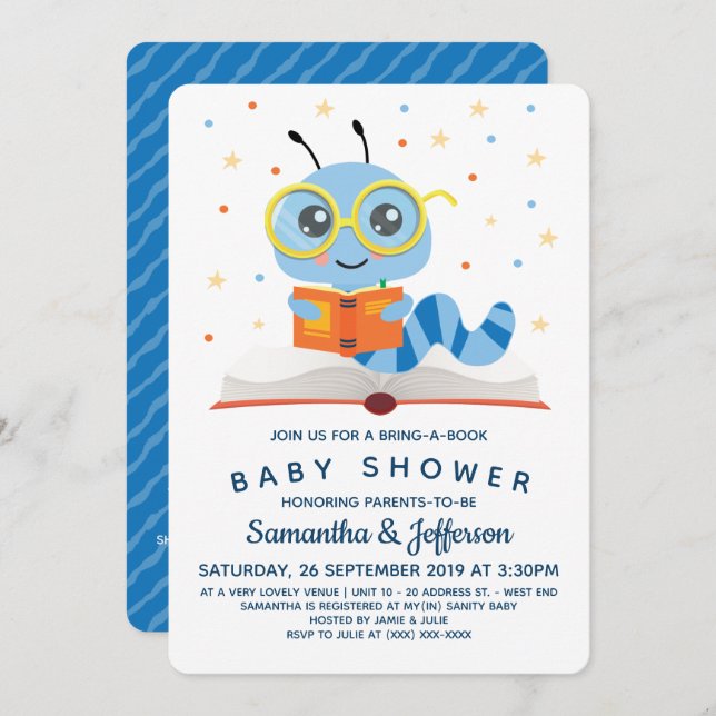 Invitación Baby Shower del libro de gusanos de biblioteca azu (Anverso / Reverso)