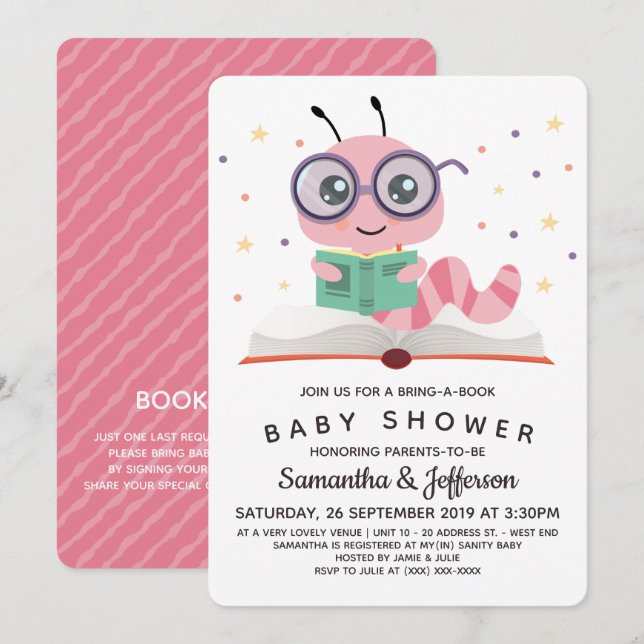 Invitación Baby Shower del libro de gusanos de biblioteca ros (Anverso / Reverso)