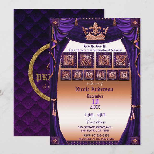 Invitación Baby Shower del libro de historias Royal Crown Pur (Anverso / Reverso)