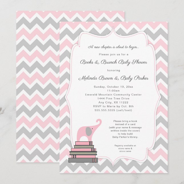 Invitación Baby Shower del libro Elefante Rosa, libros y brun (Anverso / Reverso)