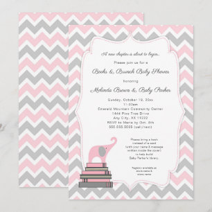 Invitación Baby Shower del libro Elefante Rosa, libros y brun