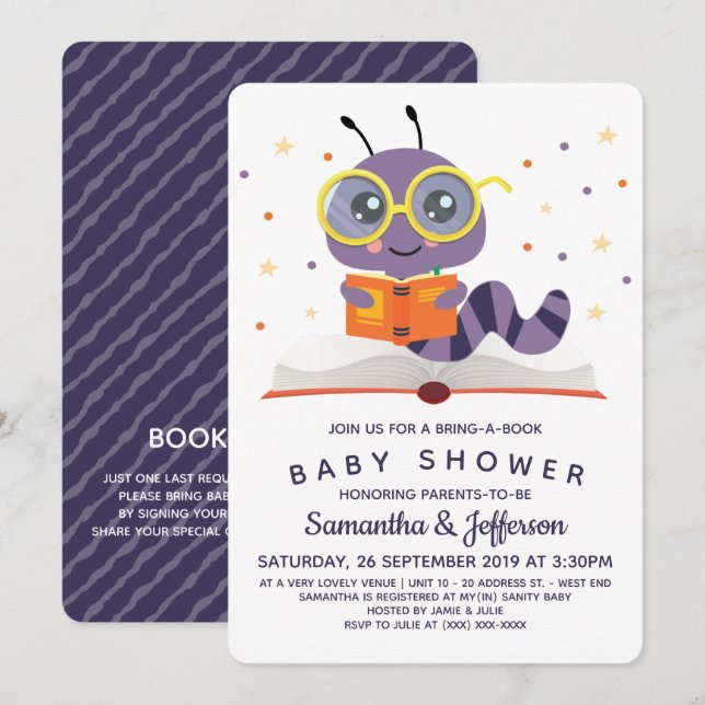 Invitación Baby Shower del libro Purple Bookworm (Anverso / Reverso)