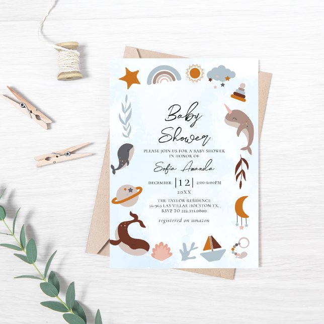 Invitación Baby Shower del marco del Boho del Mar Azul (Subido por el creador)