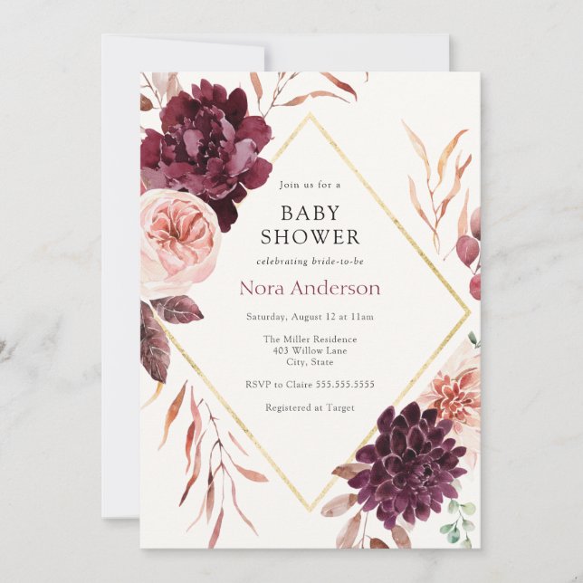 Invitación Baby Shower del marco dorado floral de Borgoña de  (Anverso)