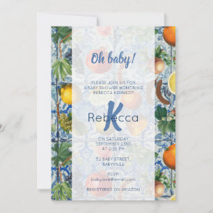 Invitación Baby Shower del Mosaico Blanco Azul Fruta del Medi