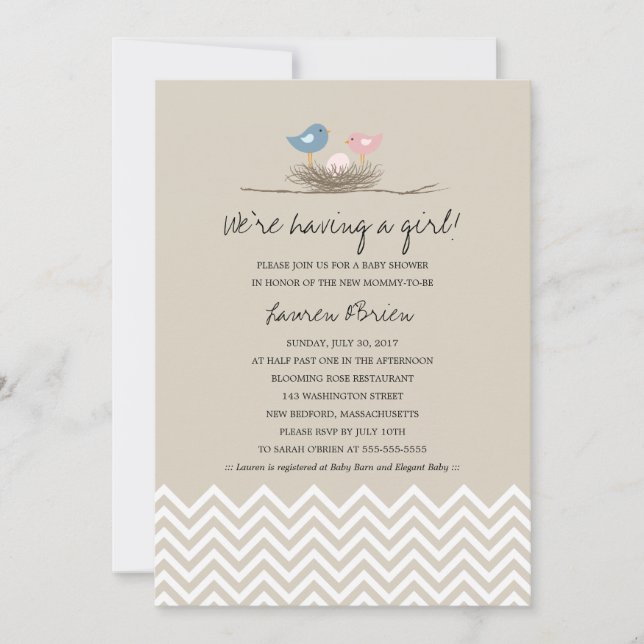 Invitación Baby Shower del nido de las aves de las niñas bebé (Anverso)