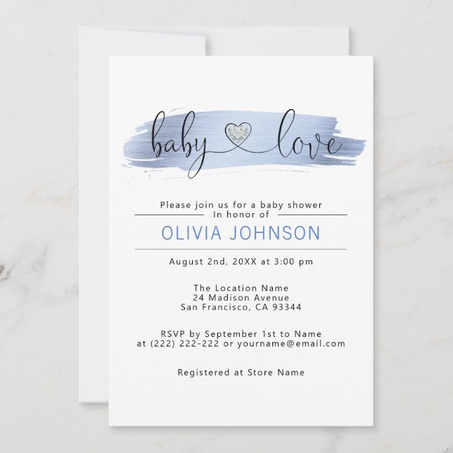 Invitación Baby Shower del niño blanco azul amor personalizad (Anverso)