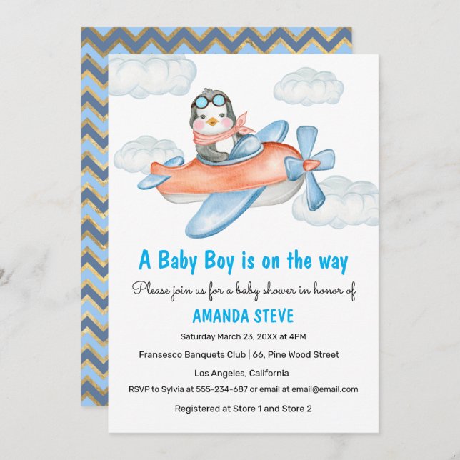 Invitación Baby Shower del niño del avión azul pin (Anverso / Reverso)