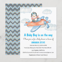Invitación Baby Shower del niño del avión azul pin
