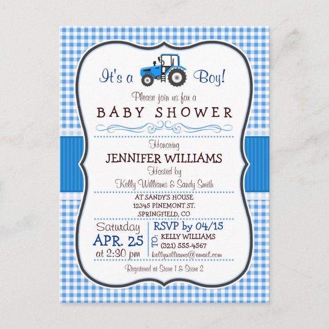 Invitación Baby Shower del niño del Tractor de la  (Anverso)