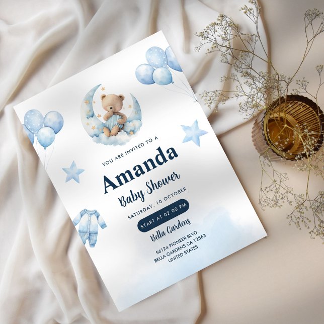 Invitación Baby Shower del oso azul celestial de la luna (Subido por el creador)