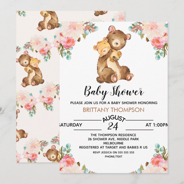 Invitación Baby Shower del oso color agua (Anverso / Reverso)