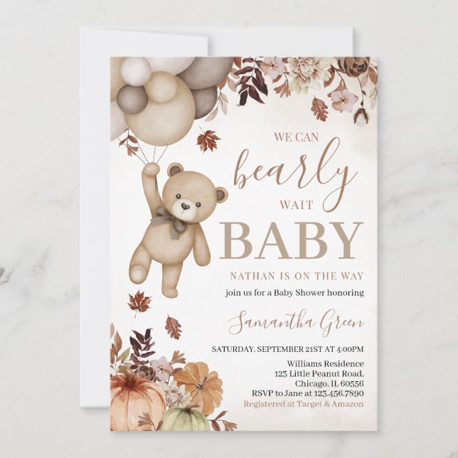 Invitación Baby Shower del Oso de Caída Neutral de Género (Anverso)