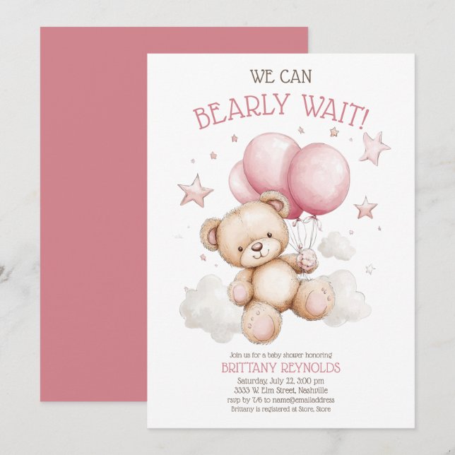 Invitación Baby Shower del oso de espera de Bearly Pink (Anverso / Reverso)