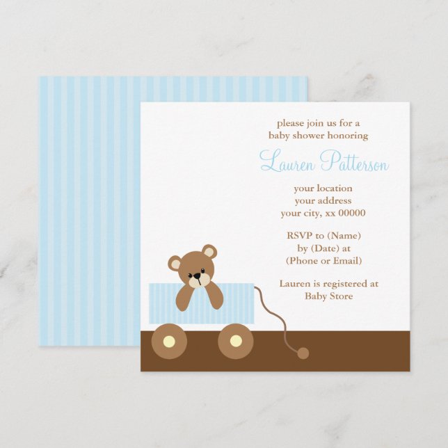 Invitación Baby Shower del oso de juguete azul (Anverso / Reverso)