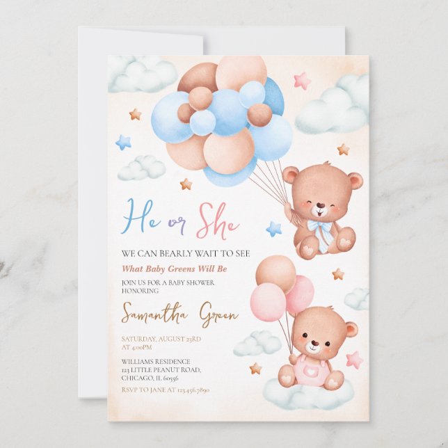 Invitación Baby Shower del oso de la rebelión de género (Anverso)