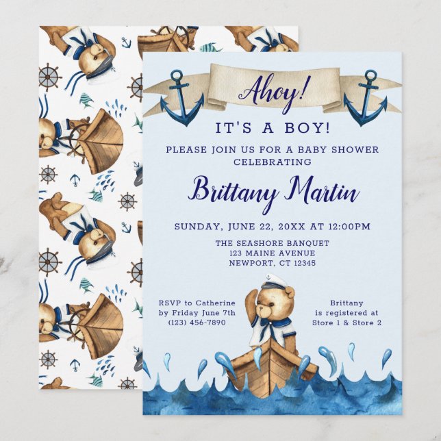 Invitación Baby Shower del oso de marinero azul (Anverso / Reverso)