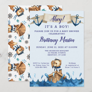 Invitación Baby Shower del oso de marinero azul