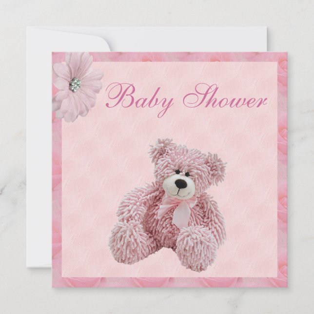 Invitación Baby Shower del oso de peluche rosado y del chica (Anverso)