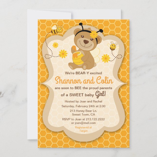 Invitación Baby Shower del oso dulce de miel (Anverso)