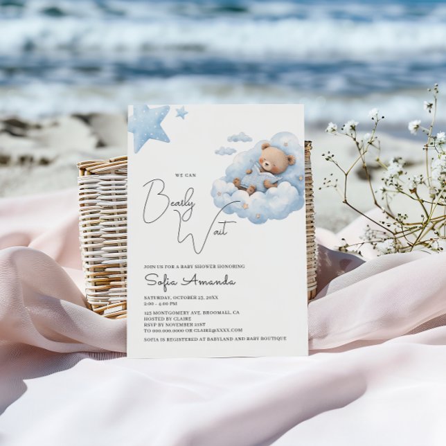 Invitación Baby Shower del oso lindo de espera de Bearly azul (Subido por el creador)