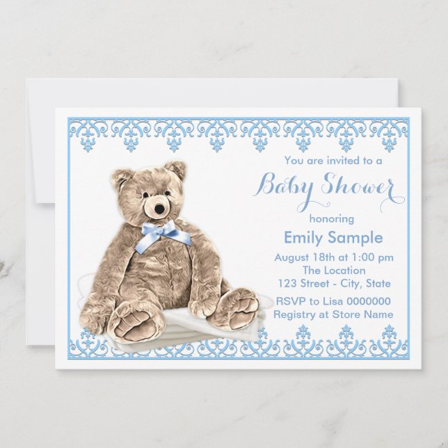 Invitación Baby Shower del Oso Teddy Azul (Anverso)