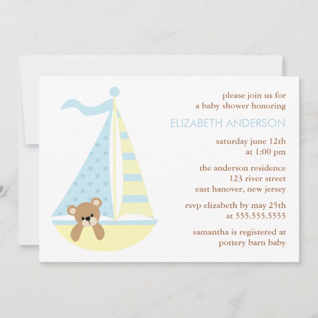 Invitación Baby Shower del oso velero (Anverso)