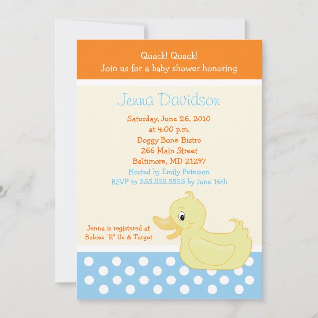 Invitación Baby Shower del pato amarillo (Anverso)
