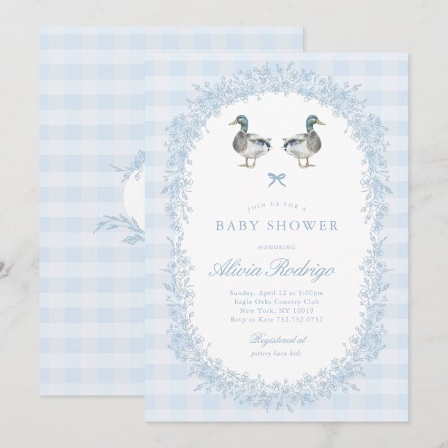 Invitación Baby Shower del pato azul de Gingham Ma (Anverso / Reverso)