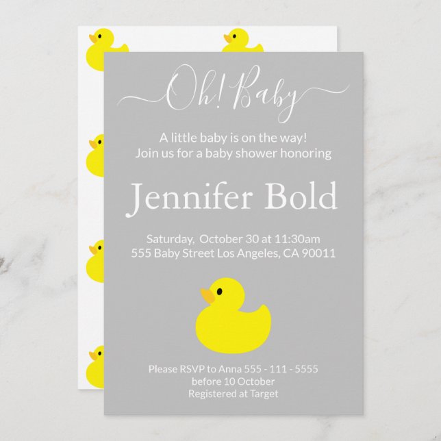 Invitación Baby Shower del pato de goma amarillo (Anverso / Reverso)