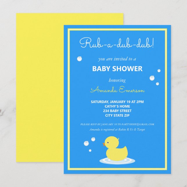 Invitación Baby Shower del pato de goma amarillo (Anverso / Reverso)