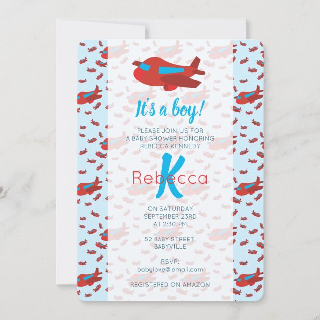 Invitación Baby Shower del patrón del avión azul rojo (Anverso)