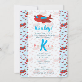 Invitación Baby Shower del patrón del avión azul rojo