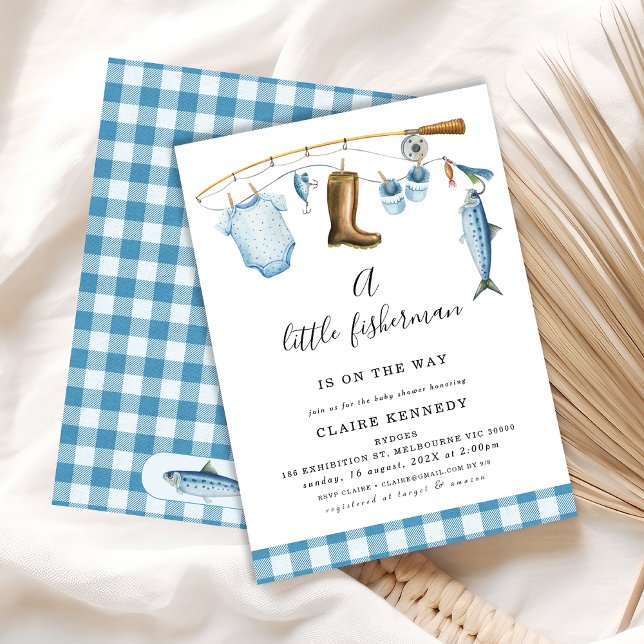 Invitación Baby Shower del pescador pequeño de la pesca azul (A Little Fisherman Is On The Way Baby Shower Invitation, Fishing Themed Baby Shower Invite Boy)