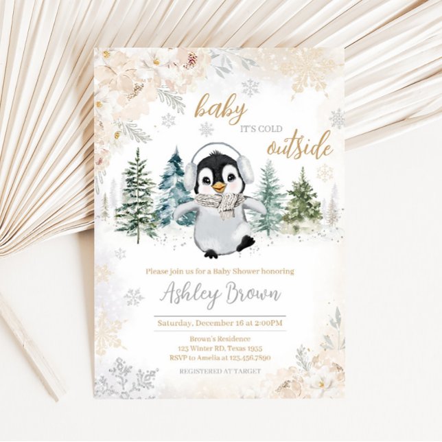 Invitación Baby Shower del Pingüino Ártico de Invierno (Cold Outside Winter Penguin Baby Shower Invitation)