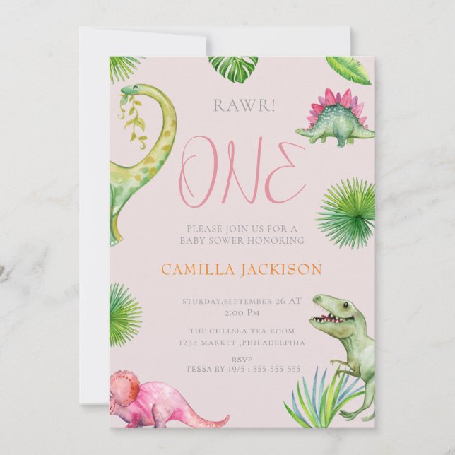 Invitación Baby Shower del primer cumpleaños de Dinosaur (Anverso)