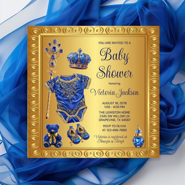 Invitación Baby Shower del Príncipe Azul Regal (Celebrate your little prince with  our royal blue and gold royal essentials baby shower invitation!)