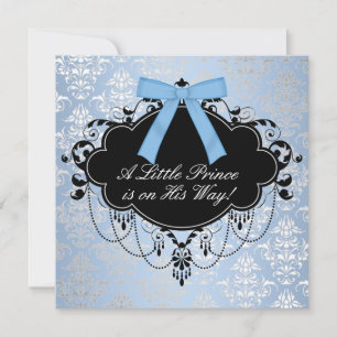 Invitación Baby Shower del Príncipe Bebé Azul Negro Damask