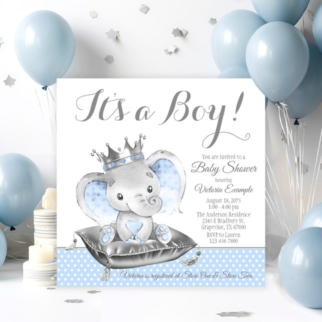 Invitación Baby Shower del Príncipe Elefante Niño (Adorable baby boy elephant prince baby shower invitation. Simply add your event details.)