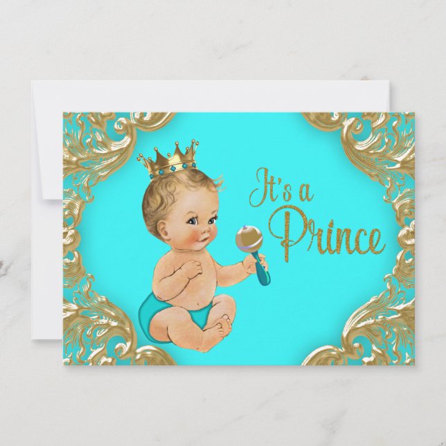 Invitación Baby Shower del Príncipe Turquesa Dorado (Anverso)