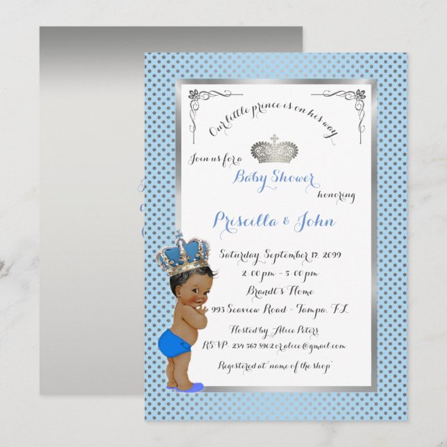Invitación Baby Shower del Principito, plata, azul (Anverso / Reverso)