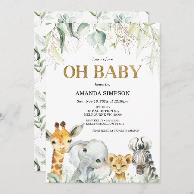 Invitación Baby Shower del Safari Gold Green Foliage (Anverso / Reverso)