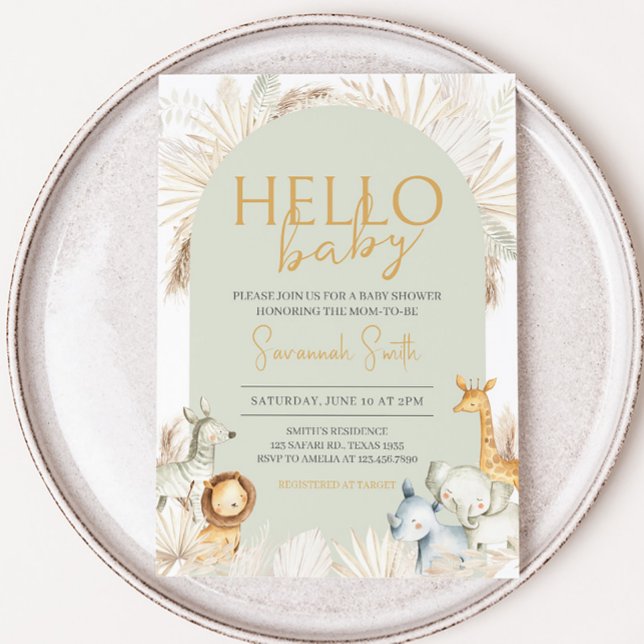 Invitación Baby Shower del Safari Verde Boho Sage (Hello Baby Safari Baby Shower Invitation)