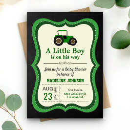 Invitación Baby Shower del Tractor de Granja Verde de Chalkbo