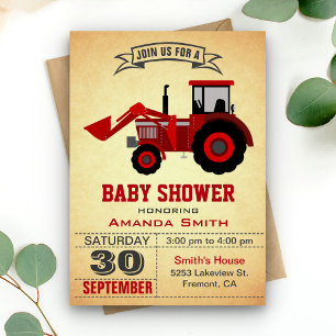 Invitación Baby Shower del Tractor de Granjas Roja