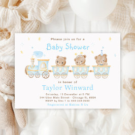 Invitación Baby Shower del tren azul del oso